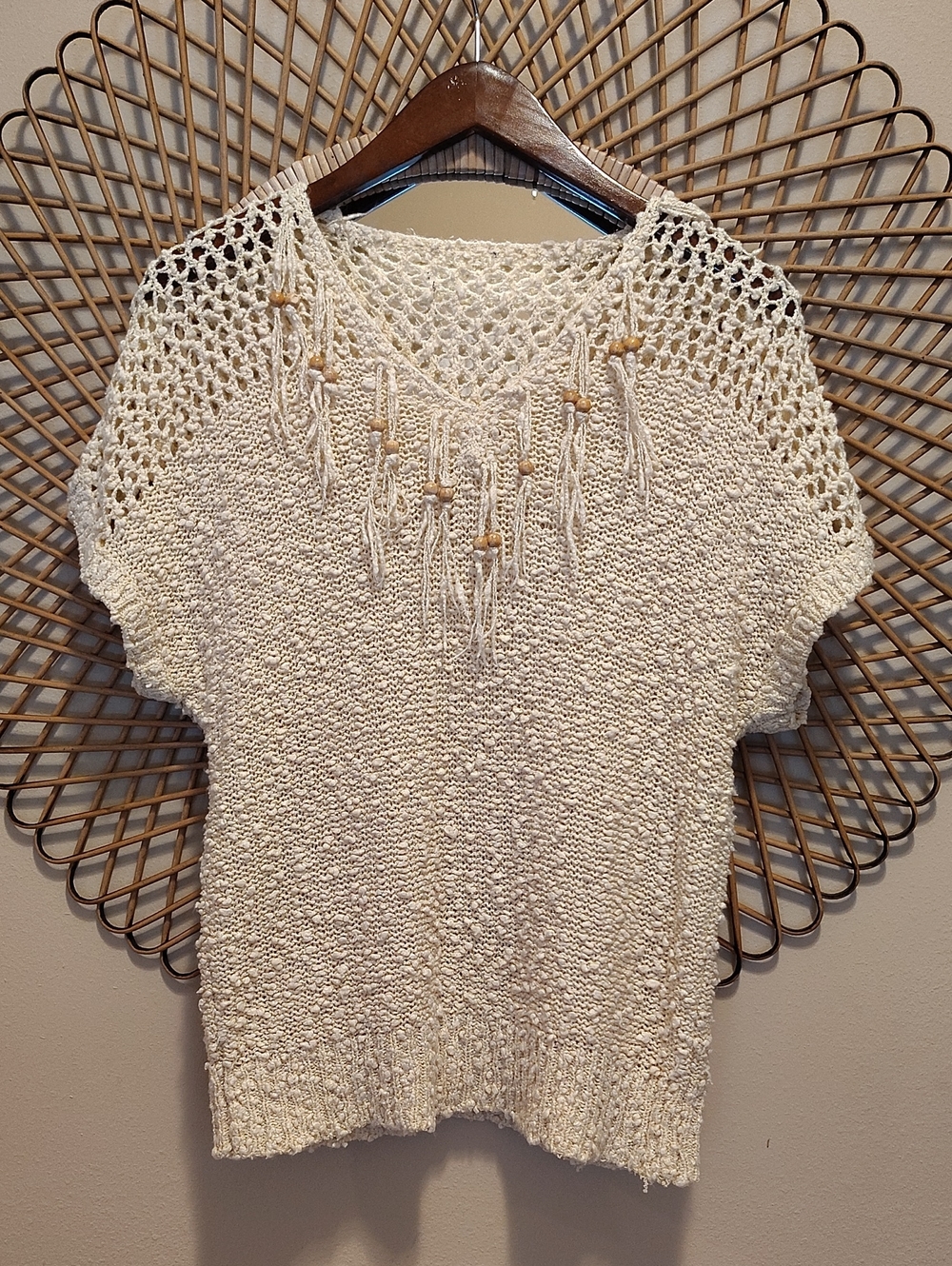 Vintage Style Crochet Short Sleeve Sweater Top Fringe Cream Size M/L